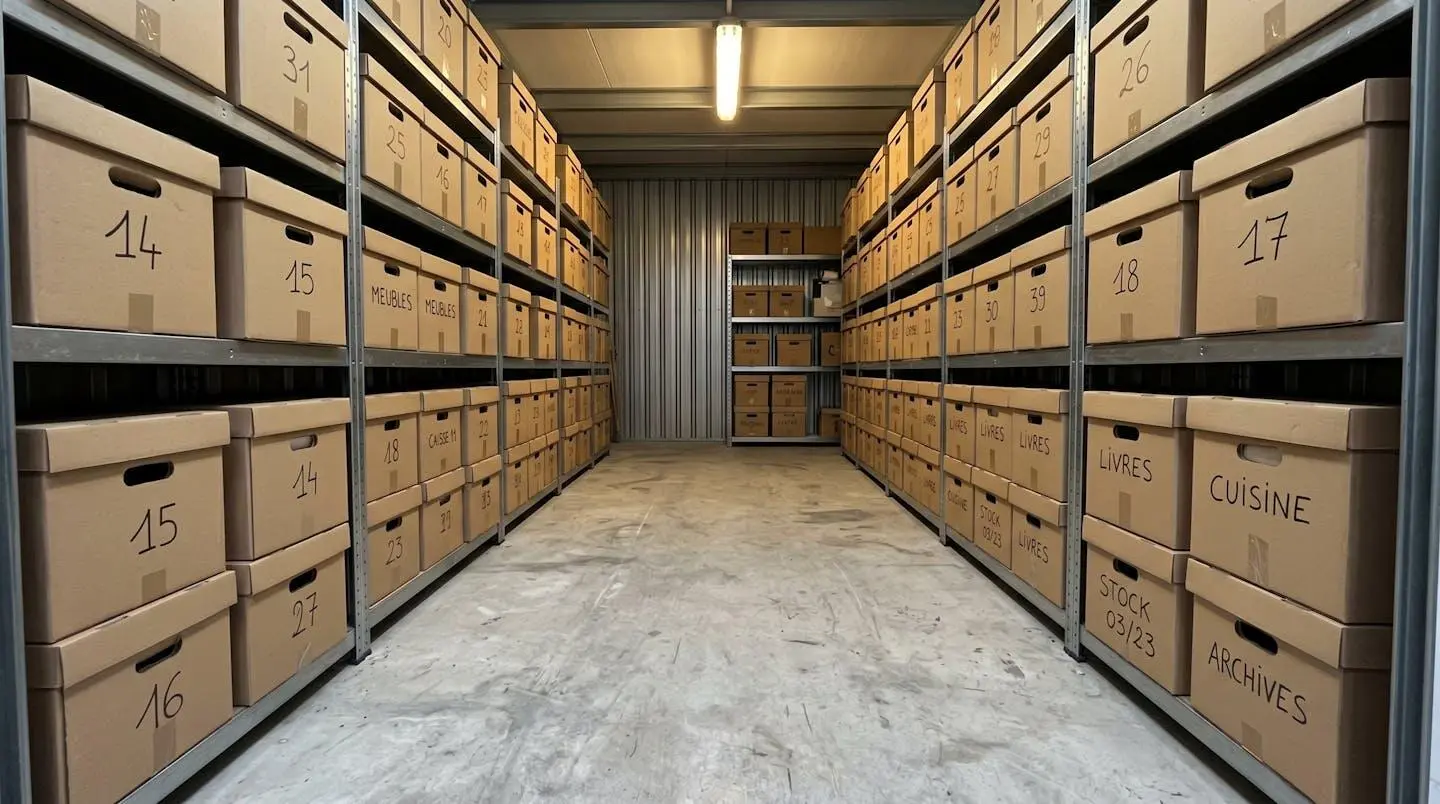 Intérieur d'un box de stockage bien organisé avec cartons numérotés empilés sur des étagères métalliques et un espace de circulation central visible