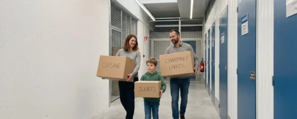 Un couple et leur enfant déposent des cartons étiquetés dans un couloir propre et lumineux d'un centre de self-stockage moderne