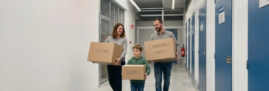 Un couple et leur enfant déposent des cartons étiquetés dans un couloir propre et lumineux d'un centre de self-stockage moderne