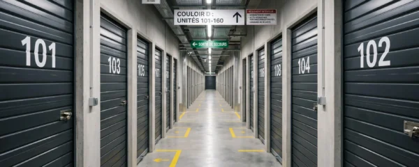 Couloir d'un centre de self-stockage moderne avec boxes métalliques numérotés, éclairage LED et caméra de sécurité visible au plafond
