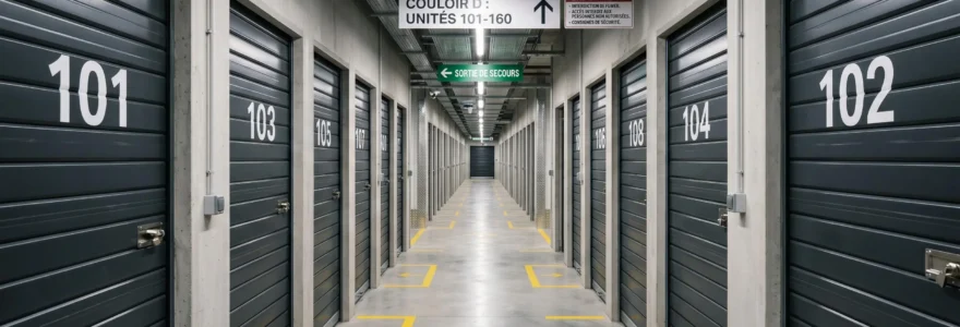 Couloir d'un centre de self-stockage moderne avec boxes métalliques numérotés, éclairage LED et caméra de sécurité visible au plafond