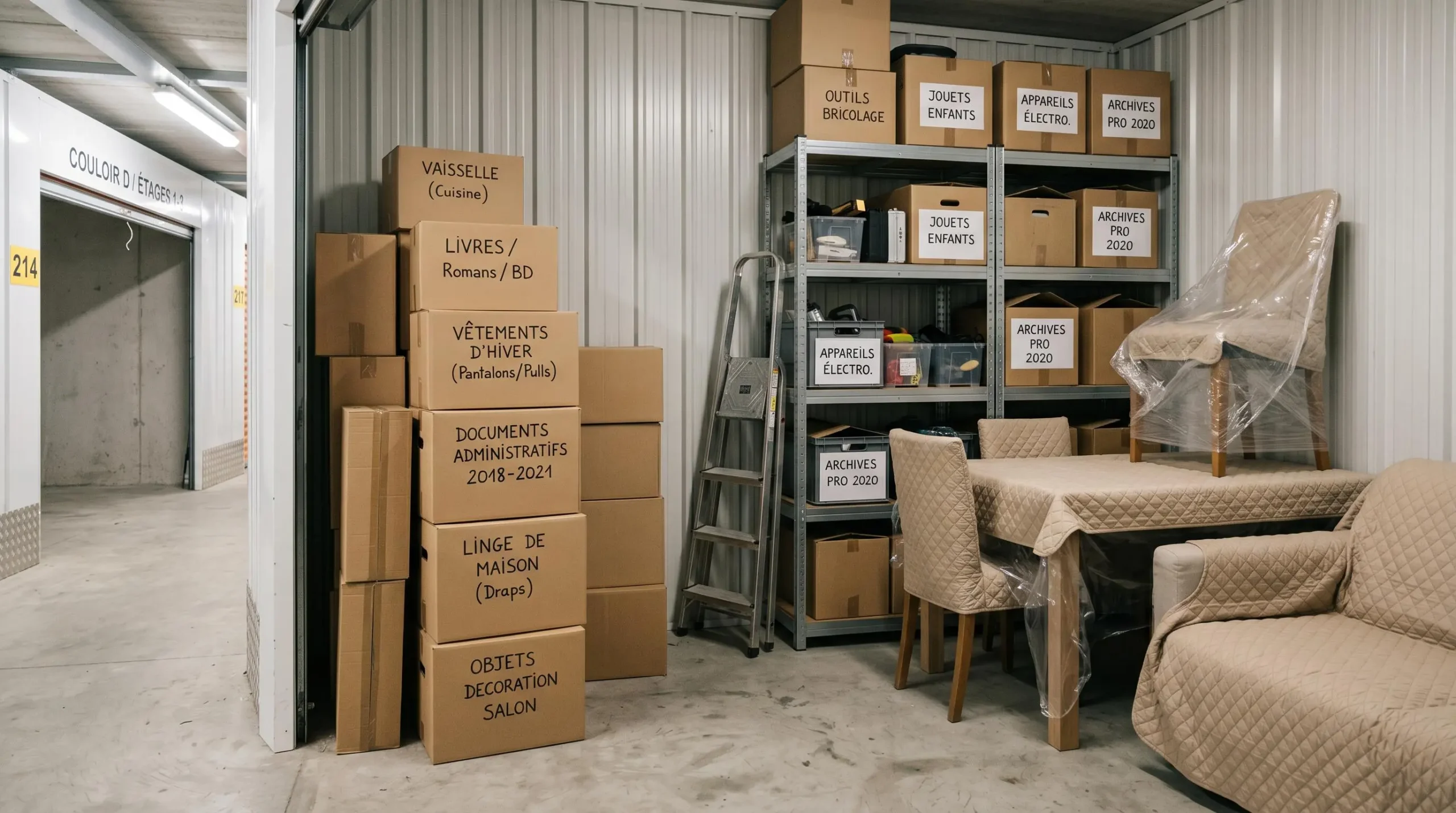 Intérieur d'un box de self-stockage de 10m² avec cartons étiquetés empilés, meubles sous housses de protection et étagères métalliques