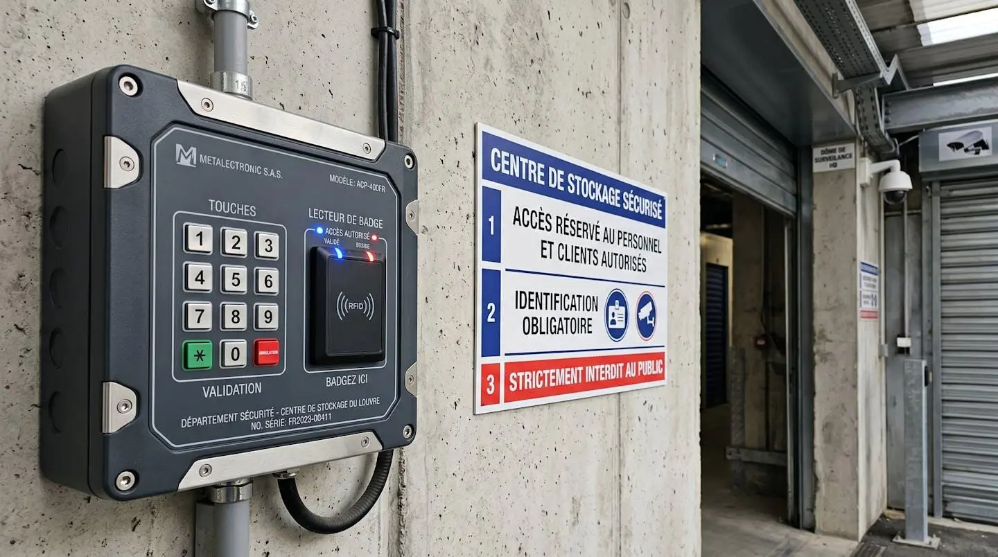 Panneau de contrôle d'accès avec lecteur de badge et clavier à code, caméra de surveillance en arrière-plan dans un centre de stockage