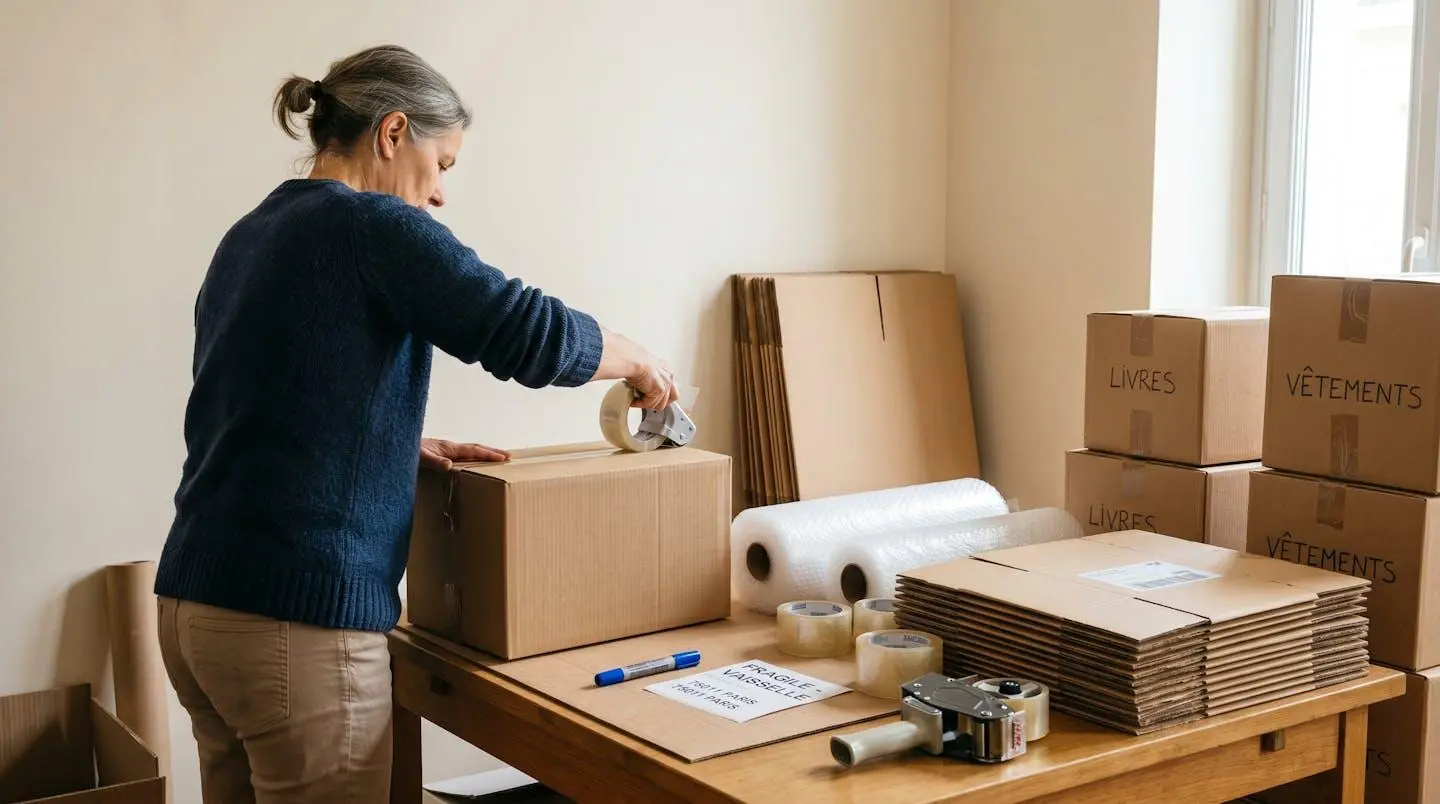 Personne préparant des cartons de déménagement avec papier bulle et ruban adhésif sur une table de travail organisée