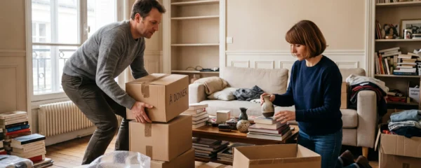Un couple trie des cartons et des objets dans un salon d'appartement en cours de désencombrement avant la mise en vente.