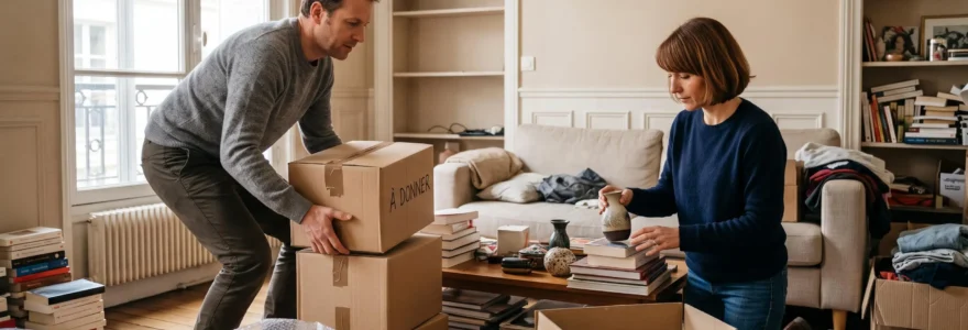 Un couple trie des cartons et des objets dans un salon d'appartement en cours de désencombrement avant la mise en vente.