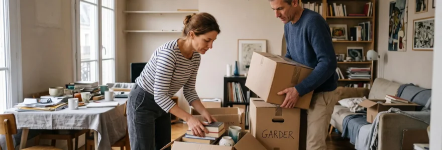 Un couple trie des cartons et des objets dans un salon d'appartement en cours de désencombrement avant la mise en vente.