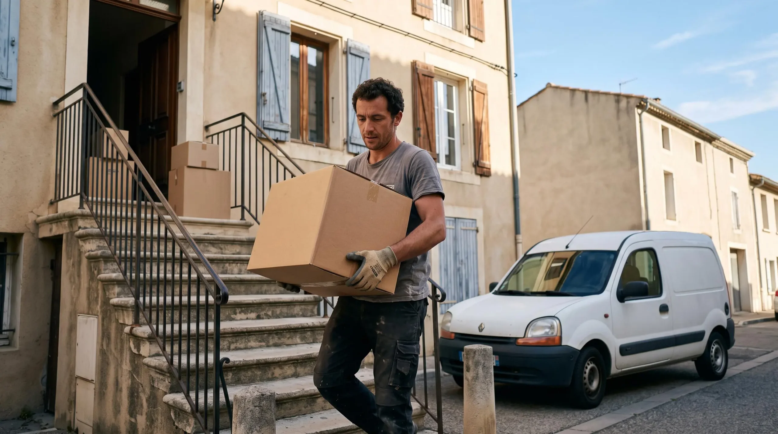 Un homme descend un carton dans la rue depuis un immeuble résidentiel français pour le transporter vers un véhicule utilitaire.