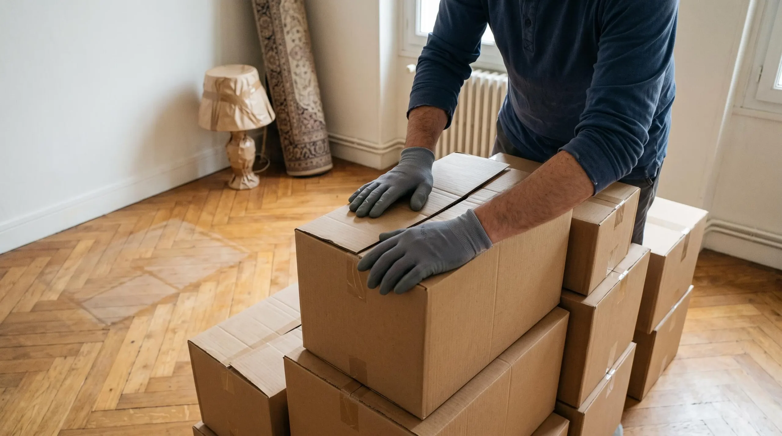 Gros plan sur des mains gantées fermant des cartons empilés dans une chambre vidée avec un sol en bois apparent.