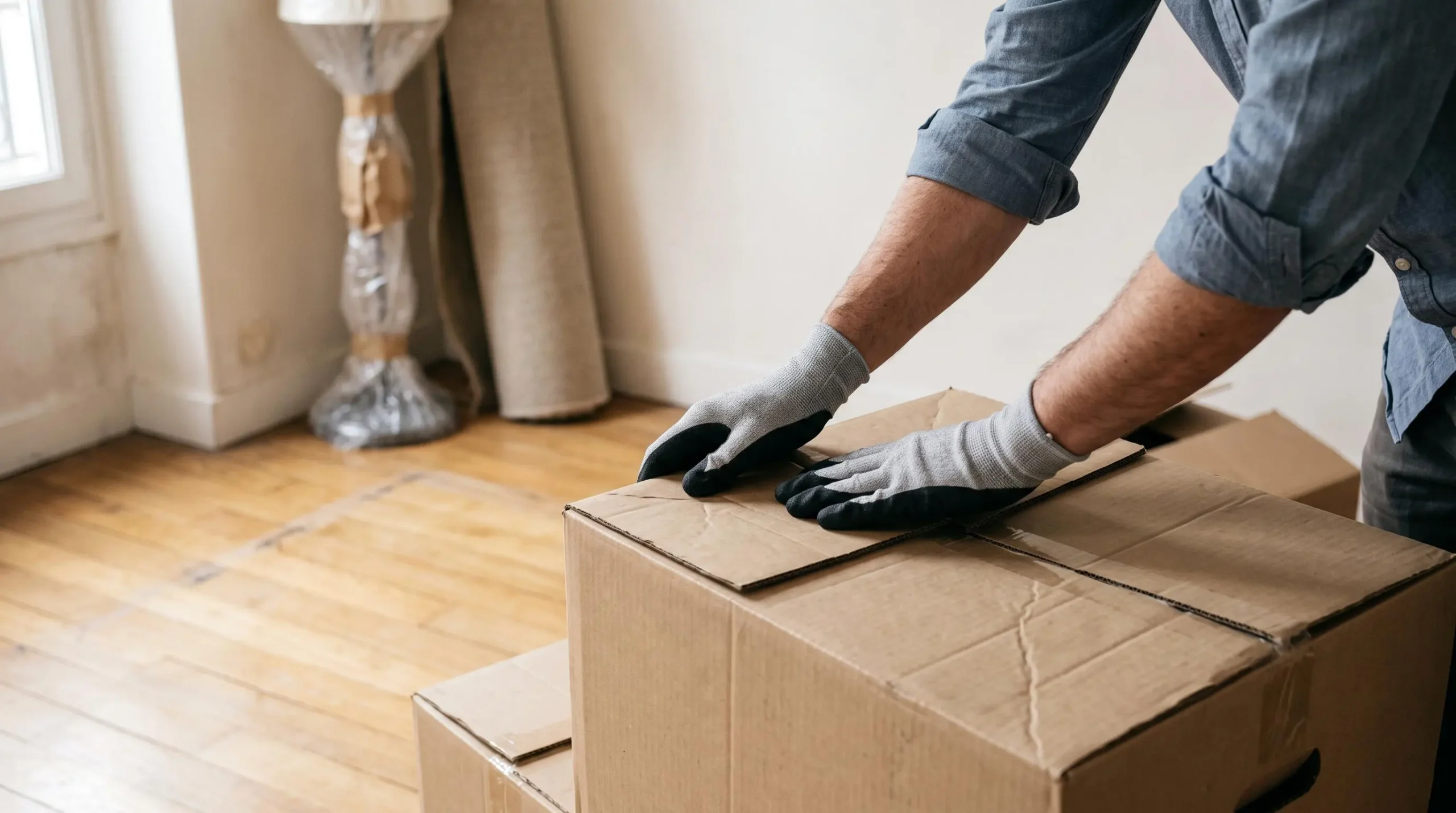 Gros plan sur des mains gantées fermant des cartons empilés dans une chambre vidée avec un sol en bois apparent.