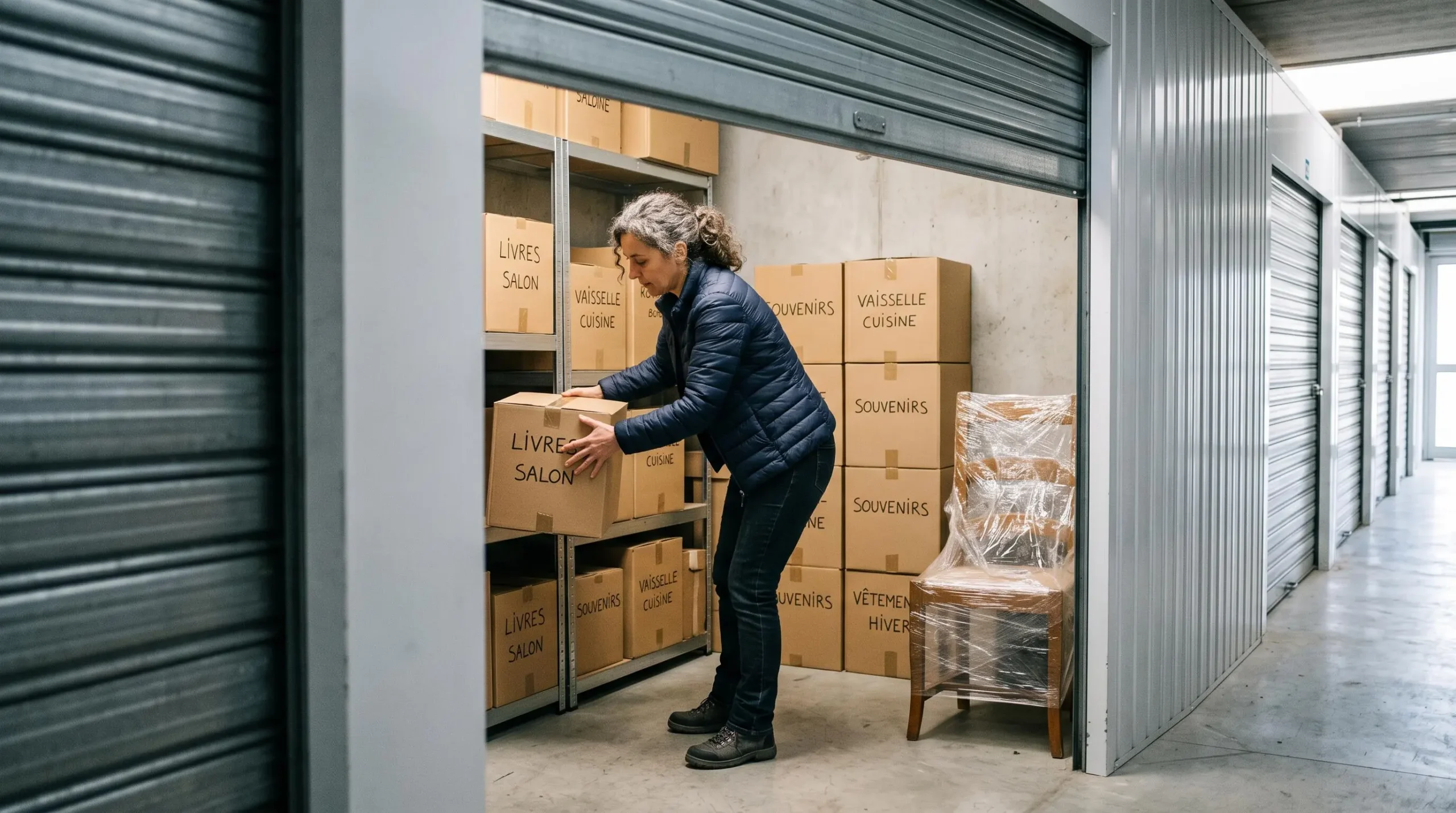 Une personne range des cartons et un fauteuil emballé dans un box de stockage avec porte métallique coulissante.