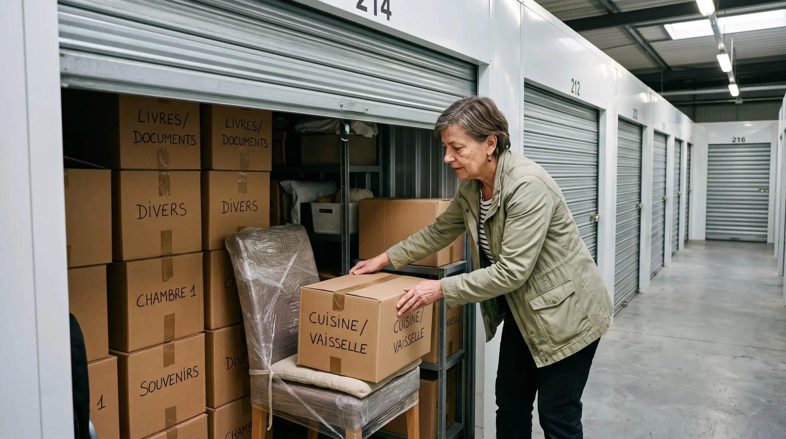 Une personne range des cartons et un fauteuil emballé dans un box de stockage avec porte métallique coulissante.